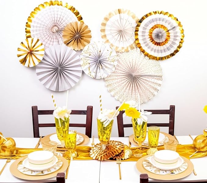 PapaKit Origami Wall Decoration Set (8 Assorted Round Paper Fans) Birthday Party Baby Shower Wedding Events Decor | Creative Art Design Pattern (Ivory & Marble with Metallic Gold Accent, 8 Piece Set)