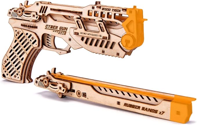 Wood Trick Cyber Gun 3D Wooden Puzzle - Rubber Band Gun Pistol - Shoots up to 20 feet - Wood Model Kit for Adults and Kids to Build - 14+