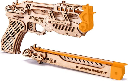 Wood Trick Cyber Gun 3D Wooden Puzzle - Rubber Band Gun Pistol - Shoots up to 20 feet - Wood Model Kit for Adults and Kids to Build - 14+