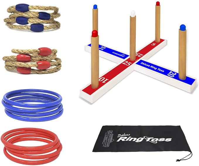 Ring Toss Game for Kids, Fun Ring Tossing Outdoor Game Set Carnival Games Set Indoor & Outdoor Game for Family and Friends with 16 Rings (8 Rope Rings, 8 Plastic Rings)
