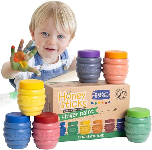 Honeysticks Non Toxic Finger Paint (6 Bright Colors), Washable from Skin, Safe Finger Painting for Toddlers, Kids Ages 1-3, 2-4, 3-5, Perfect First Paint for Little Artists Age 1+, Water Based, Eco