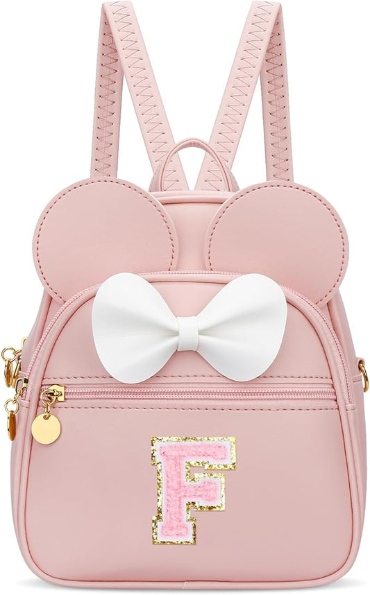 KKXIU Girls Initial Bowknot Cute Mini Backpack for Toddler, Travel Small Girl Backpacks, Personalized Trendy Stuff Gift for Little Girls and Kids(F, Pink)