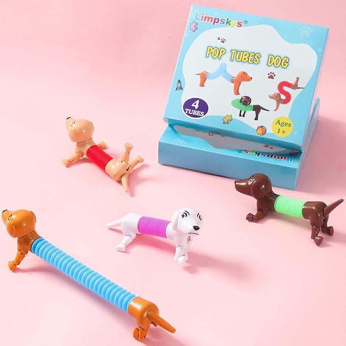 Dog pop Tubes fidgets, Travel Toys for Toddlers 3-5, Sensory Toys for Kids 5-7, fidgets for Kids, Animal pop Tubes, Easter Egg fillers,Easter Basket Stuffers(4 Pack Dog)
