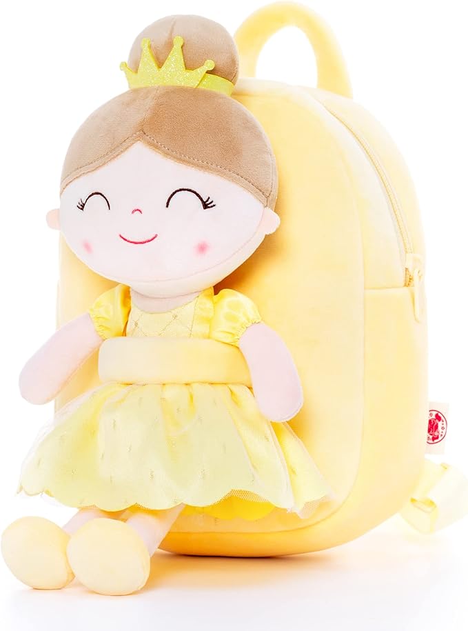 Gloveleya Back to School Gifts for Girls Toddler Backpack for Girls Kids Backpacks Soft Girl Toys Plush Baby Girl Gifts with Plush Princess Bella Doll Yellow 9"