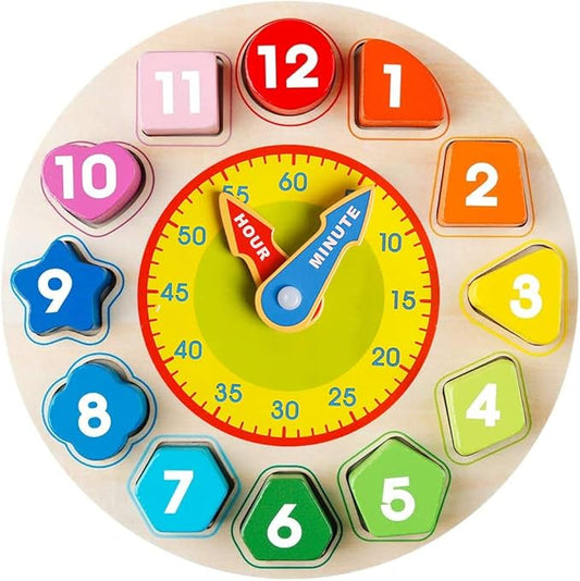Skrtuan Wooden Sorting Clock Toy for Toddlers 3-5 Years Old, Montessori Early Learning Toy for Teaching Time, Numbers, Shapes & Colors, Educational Gift for Baby Kids