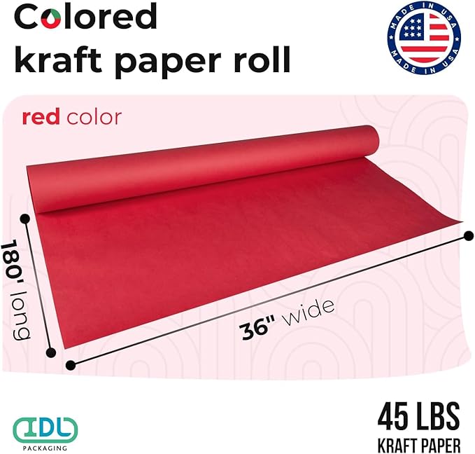 Red Kraft Paper Roll 36" x 2160" (180 feet), Pack of 6 - Craft Paper Roll 45 lb Thickness - Red Paper for Gift Wrapping&Moving - Rolls of Paper for School - Art Paper Roll for Kids by IDL Packaging