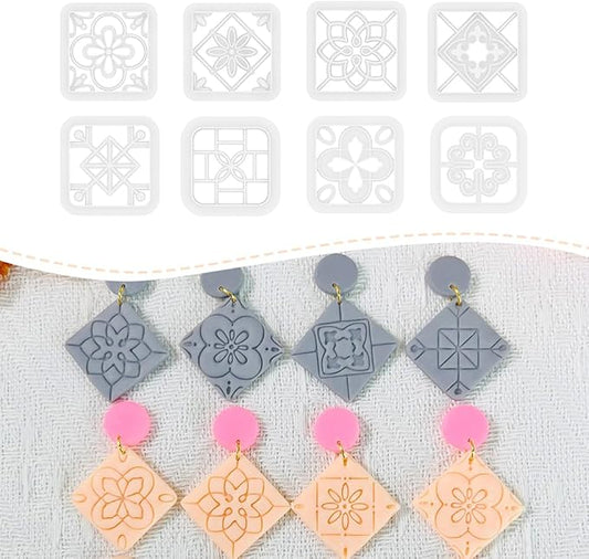 Xaekicr 8PCS Tile Pattern Polymer Clay Cutters Set – Mediterranean Geometric Clay Cutters and Textured Molds, Clay Tools for Polymer Clay Jewelry and Crafts
