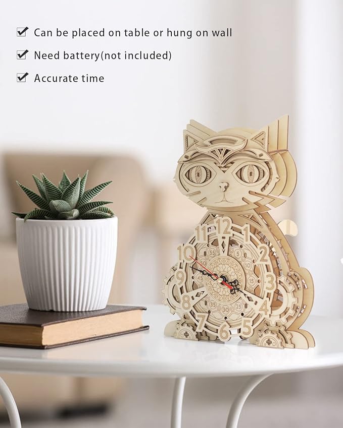 3D Puzzles for Adults Model kit Cat Clock Kids Wooden Desk Clock Decor for Birthday Gift/Christmas Day