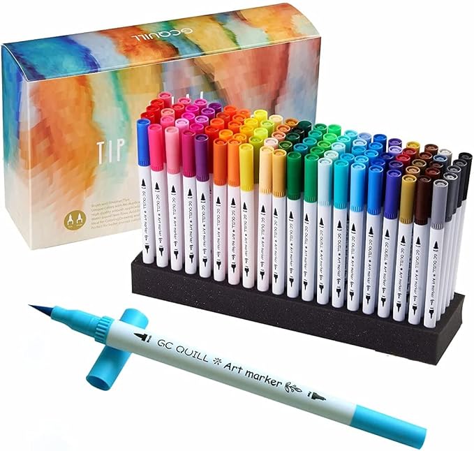 GC 100 Dual Tip Brush Pen Coloring Markers Set Flexible Brush Fineliner Tips - Watercolor Based Markers for Adult Coloring Books Calligraphy Hand Lettering Drawing Markers 100W