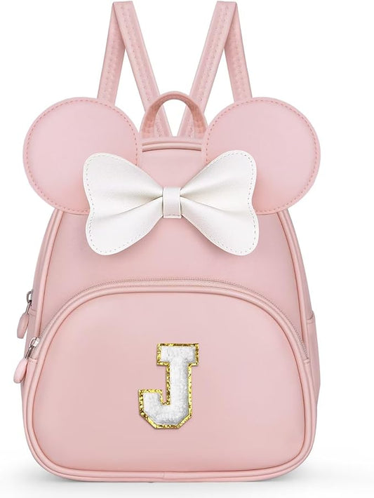 Bookbag for Girls Kids Toddler, Backpack for Teen Girl Kids Birthday Gifts, Kindergarten Backpack for Girls with Cute Bow, Initial Pink J