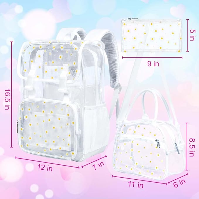 17" Daisy Clear Backpack for Girls - Flip Design Stadium Approved 3Pcs Set, Heavy Duty PVC Bookbag for Concert/School (White)