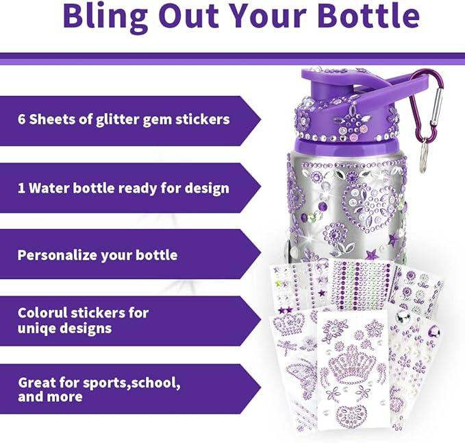 Gifts for Girls, Decorate Your Own Water Bottles with Gem Stickers, Personalize DIY Birthday Gifts for Girls Age 4 5 6 7 8 9 10, Fun Arts and Crafts Gift Ideas Toys for Kids Christmas School Gift