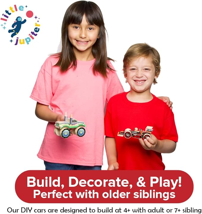 Little Jupiter DIY Wooden Kits w/Stickers - Kids Building- Stem Toys - Wood Crafts - Woodworking - Wood Project for Ages 4-7 Yrs (Open Wheel Car)