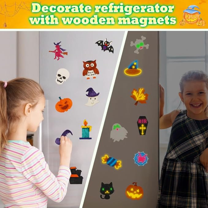 Worgree Halloween Crafts for Kids, 36 Pcs DIY Wooden Magnets Art Craft Supplies Painting Kit for Boys Girls Ages 4-8 8-12 Halloween Party Favors Gifts Basket Treat Goodie Bag Stuffers Classroom Prizes