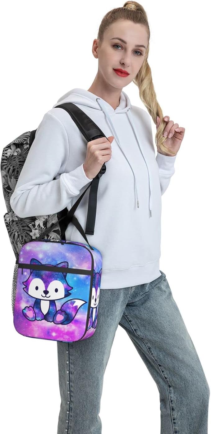 Mrublnel Galaxy Fox Printed Insulated Lunch Box Portable Lunch Bag with Detachable Handle,Reusable Lunchbox for Girls Boys Adults (Mrlunchbag-2302)