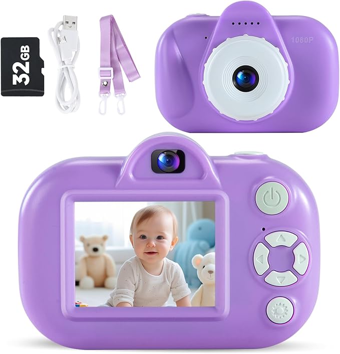 Kids Camera Toddler Digital Camera for Kid with 32GB SD Card,1080P Kid Camera for Ages 3-8 Grape Purple