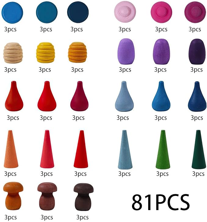 MIKNEKE 81 Wooden Loose Parts Sensory Bin Filler Toys, Mandala Rainbow Stacker Open Ended Toys, 27 Colors Sensory Training Educational Toys