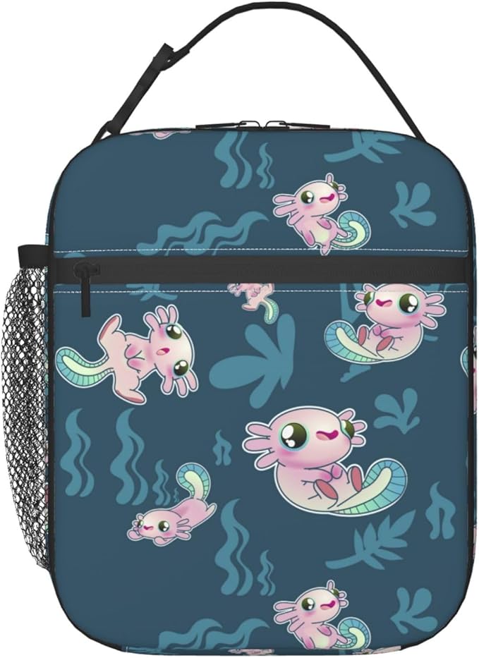 Cute Axolotl Print Reusable Lunch Box Food Bag Insulated Lunch Bag for Teenage Boys Girls School Beach