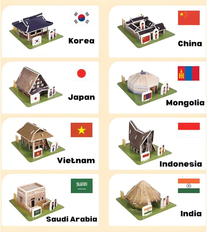 3D Puzzle Set - Traditional Houses Collection: Build 8 Country Models with Authentic Costumes, DIY Kit for Hobbyists, Creative Toy and Home Decor (Asia)