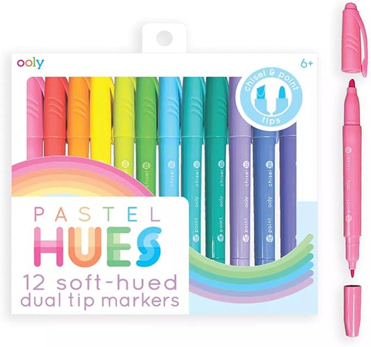 Ooly Pastel Hues Dual Tip Markers - Set of 12 Water Based Colors, Chisel and Point Tip on Each Marker for Kids, Double Ended Markers for Art Supplies & Stationery Sets - Chisel/Fine Tips