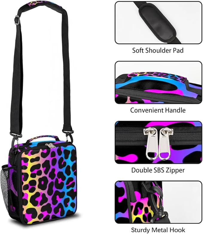 Rainbow Leopard Lunch Bags with Shoulder Strap Cheetah Print Insulated Lunch Boxes for Kid Girls Women Waterproof Thermal Cooler Tote Bag Portable Picnic Bag for School Work Outdoor Gifts