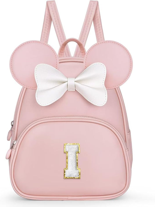Backpack for Girls Kids Toddler, Bookbag for Teen Girl Kids Birthday Gifts, School Backpack for Girls with Cute Bow, Initial Pink I
