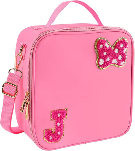 Preppy Initial Bow Mouse Lunch Bag, Kids Insulated Lunch Box Gifts for Teen Girls Daughter, Reusable Soft Lunch Containers Crossbody Cooler Bag Must Haves for Park Travel School Work Picnic Pink J