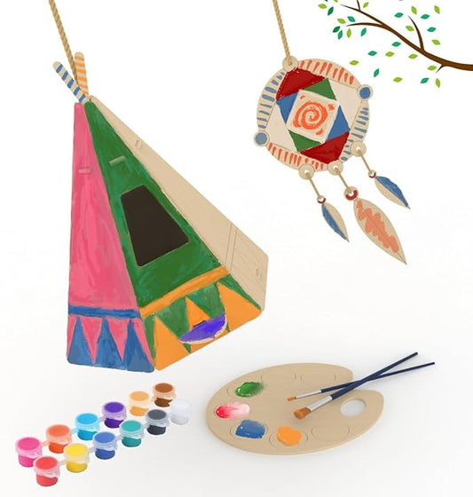 Chirpy - DIY Wooden Birdhouse Painting Kit for Kids - 8" - Non-toxic Paints, Brushes, Palette, Dream Catcher - Bird House Feeder Coloring Set - Art & Craft Project, Educational Toy, Nature Activity