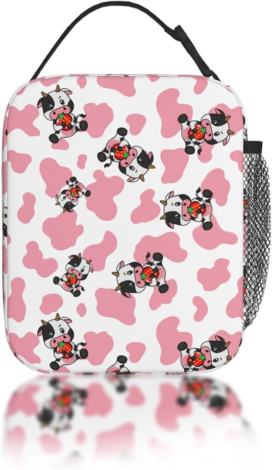 Strawberry Pink Cows Print Reusable Lunch Box Food Bag Insulated Lunch Bag for Teenage Boys Girls School Beach