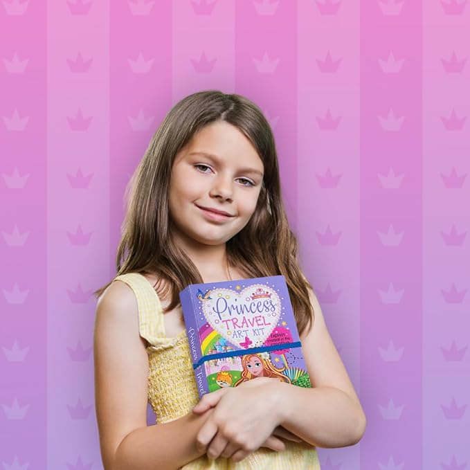 FIRSTJIGGLE First Jiggle Colouring and Sticker Princess Travel Art Kit | Includes Coloring Pad, Sticker Sheets & Color Pencils | Fun Travel Activity for Kids | Gift for Girls Ages 3-8