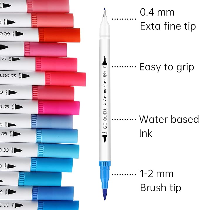 GC 100 Dual Tip Brush Pen Coloring Markers Set Flexible Brush Fineliner Tips - Watercolor Based Markers for Adult Coloring Books Calligraphy Hand Lettering Drawing Markers 100W