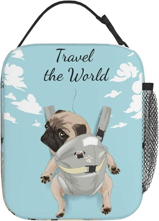 Cute Pet Pug Reusable Lunch Box Food Bag Insulated Lunch Bag for Teenage Boys Girls School Beach