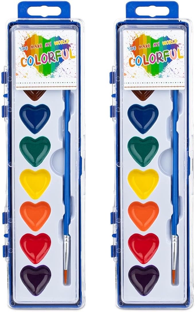ARTLYMERS 2 Pack Valentines Watercolor Paint Set Kids, 8 Washable Heart Shaped Water Colors Paint Sets with Paintbrush, Art Supplies for Preschool Classroom Party Favor Gifts Prizes Exchange