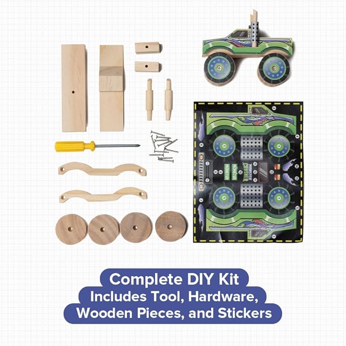 Little Jupiter DIY Wooden Kits w/Stickers - Kids Building Kit - Stem Toys for Ages 4-7 - Wood Crafts for Kids - Woodworking Kits (Monster Truck 2)
