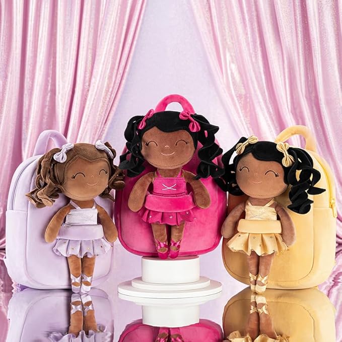 Gloveleya Toddler Backpack Baby Ballerina Girl Gifts Plush Curly Hair Ballet Backpack - Black Blonde 9 inches