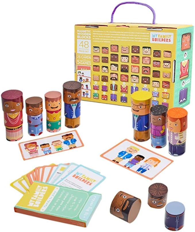 48-Piece Multiracial Family Play Set – Magnetic Wooden Diversity Building Blocks for Kids – Multicultural Puzzles, SEL Toy for Ages 1+