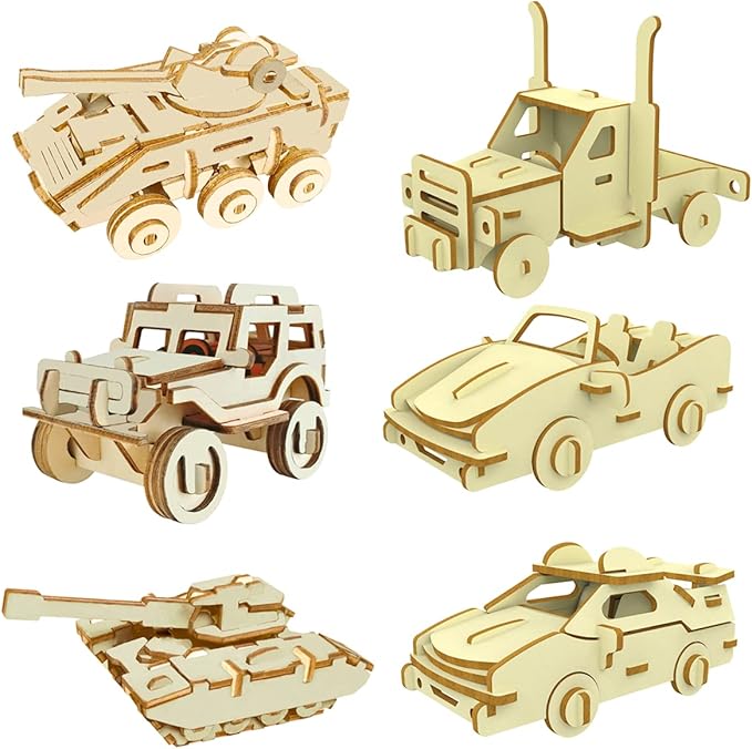 3D Wooden Puzzle - 6 Piece Set Wooden Car Brain Teaser Puzzle - DIY Assembly Car Building Model Kits - Wood STEM Toys Gifts for Kids and Adults Teens Boys Girls