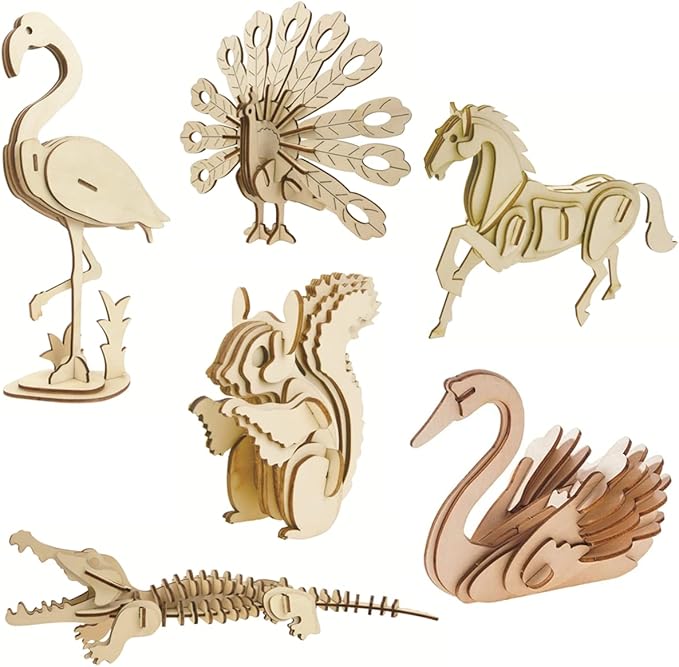 3D Wooden Wild Animal Puzzle - 6 Piece Set Wood Wild Animals Skeleton Assembly Model Kits - Wooden Crafts DIY Brain Teaser Puzzle - STEM Toys Gifts for Kids and Adults Teens Boys Girls