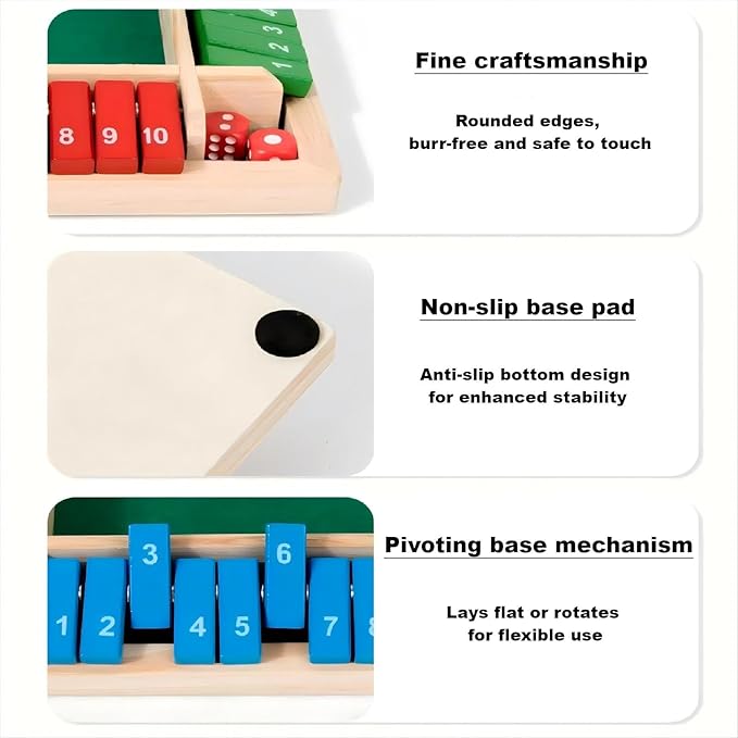 Shut The Box Game Dice Game, 2-4 Player Math Learning Toy for Adult Kids 5-7 8-12, Educational Wooden Board Tabletop Game with 8 Dice for Family, Classroom & Senior Activities, Pub and Party