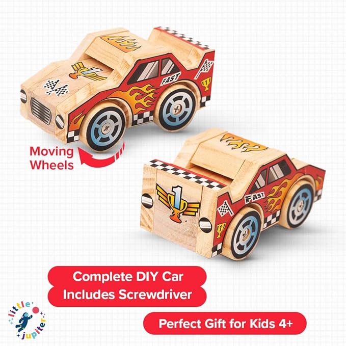 Little Jupiter DIY Wooden Kits w/Stickers - Building Kit - Stem Building Toys - Wood Crafts - Woodworking Kit - Wood Building for Ages 4-7 Yrs (Race Car)