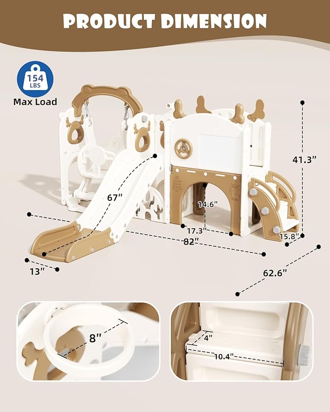 XJD 13-in-1 Toddler Slide and Swing Set, Kids Slide for Toddlers Age 1+, Toddler Outdoor Playset New Upgrade with Golf Set, Basketball Hoop, Drawing Board for Playground (Brown White)
