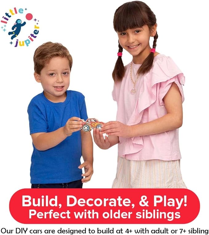 Little Jupiter DIY Wooden Kits w/Stickers - Building Kit - Stem Building Toys - Wood Crafts - Woodworking Kit - Wood Building for Ages 4-7 Yrs (Race Car)