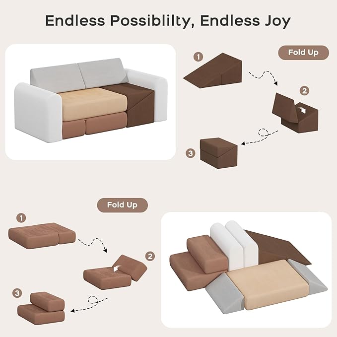 BanaSuper 7-Piece Kids Climbing Foam Blocks Playset - Foldable Convertible Climber into Sofa & Play Couch for Toddlers - Soft Climbing Foam Toys for Creative Boys & Girls