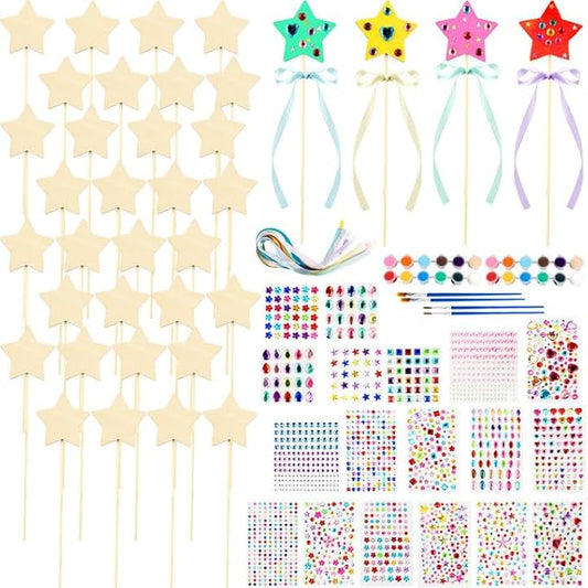 92 Pcs Unfinished Star Princess Fairy Wands Kit Make Your Own Princess Wand DIY Art Craft Magical Wand Include 36 Star Wooden Fairy Wands 18 Gem Stickers 36 Ribbons 2 Markers for Kids Party Supplies