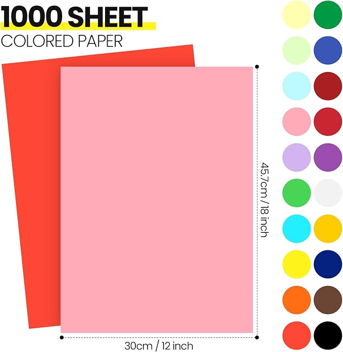 Yahenda 500 Pieces Construction Paper Lightweight 12'' x 18'' Colored Card Stock Bulk Craft Printer Paper for Drawing Art DIY Craft Scrapbook Party(Assorted Color)