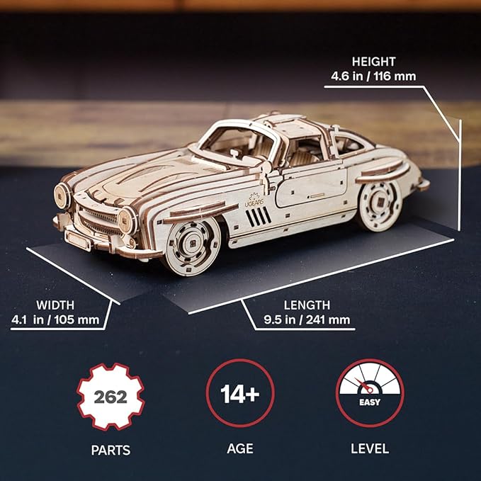 UGEARS Winged Sports Coupe Model Car Kit - 3D Wooden Puzzle for Adults – Model Kit for Adults to Build - DIY Wooden Car with Authentic Gull-Wing Design