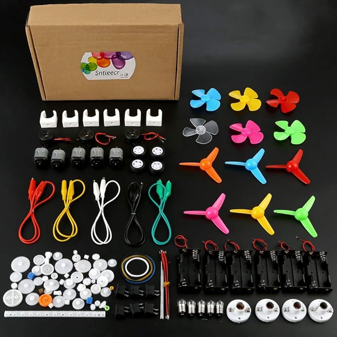 Sntieecr 6 Set 131 PCS DC Motors Kit, Mini Electric Motor 1.5-3V 15000RPM with 66 PCS Plastic Gears, Shaft Propeller, Bulbs, Buzzer Sounder, Science Experiment Set for Kid DIY STEM Engineering Project