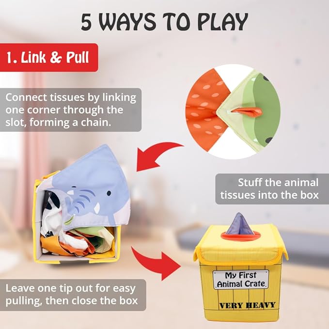 Urban Kiddy™ My First Animal Crate | Sensory Baby Tissue Toy Box, Montessori Toys for Infants & Toddlers, Imaginary Play, Colorful Crinkle Textured Pull Scarves, Educational Preschool Learning