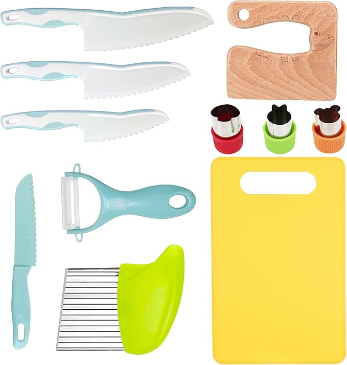 11 Pieces Wooden Kids Kitchen Knife, Blue Kids Knife Set Include Wood Kids Knife, Serrated Edges Plastic Toddler Knife, Crinkle Cutter, Sandwich Cutter, Y Peeler, Cutting Board