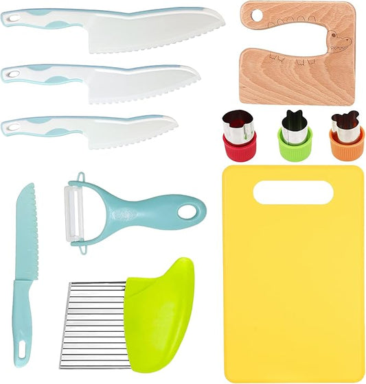 11 Pieces Wooden Kids Kitchen Knife, Blue Kids Knife Set Include Wood Kids Knife, Serrated Edges Plastic Toddler Knife, Crinkle Cutter, Sandwich Cutter, Y Peeler, Cutting Board